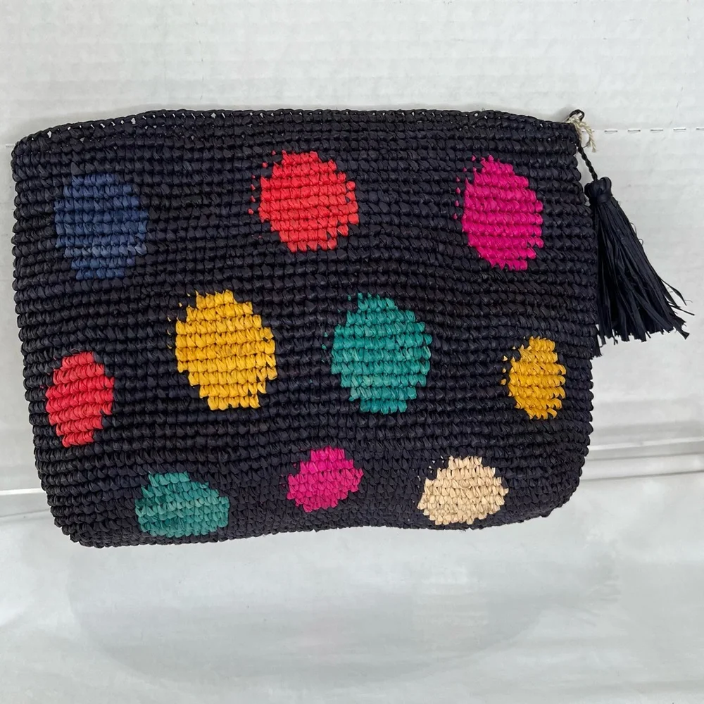 Mar y Sol Crocheted Raffia Clutch w/Polka Dots, NWT